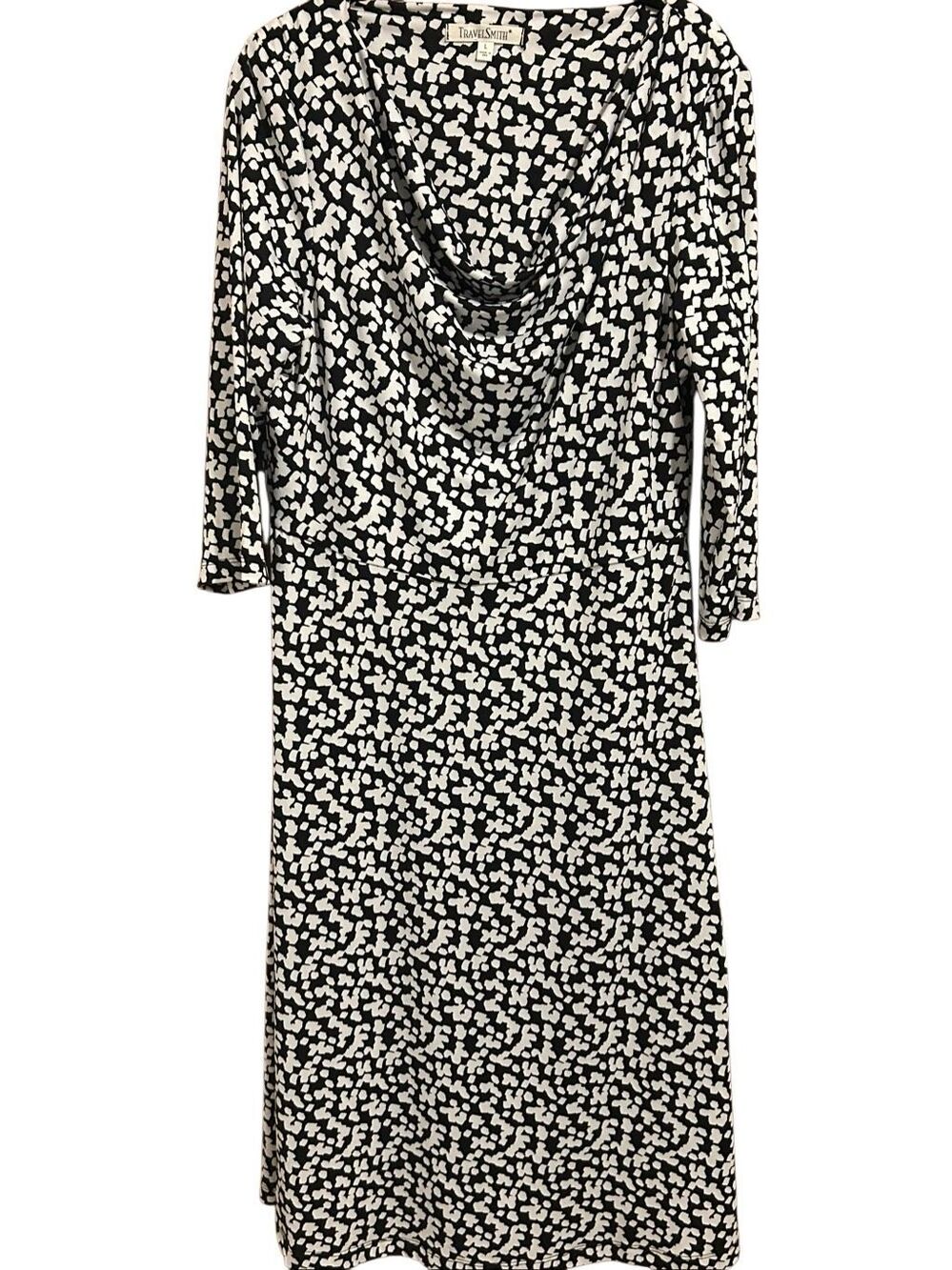 TravelSmith Women's L Abstract Print Cowl Neck Midi Modest Dress Black White 3/4